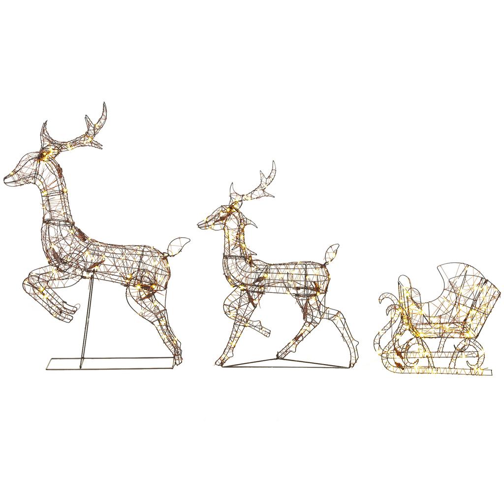 3-Piece Lighted Reindeer and Sleigh Set, PP Rattan Outdoor Christmas Decoration with LEDs, 8 Modes, Daily Timer