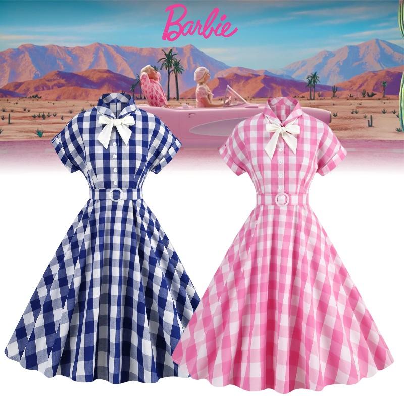 Vintage Barbie Pink Checkered Dress With Butterfly Bow-tie Collar