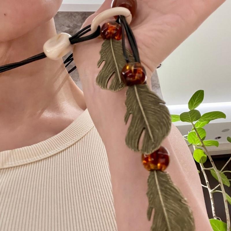 Long Bohemian Ceramic Bead Strand Necklace Ethnic Leaf Pendant Fringe Jewelry for Women Summer Statement Accessory