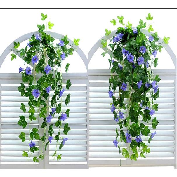Artificial Vines 2pcs Artificial Morning Glory Trumpet Flower Vine Fake Green Plant Home Garden Wall Fence Outdoor Wedding Hanging Baskets Decor