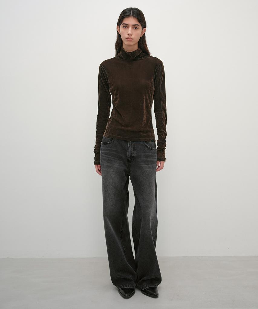 INSILENCE WOMEN Velvet Mesh Turtleneck T-Shirt Brown