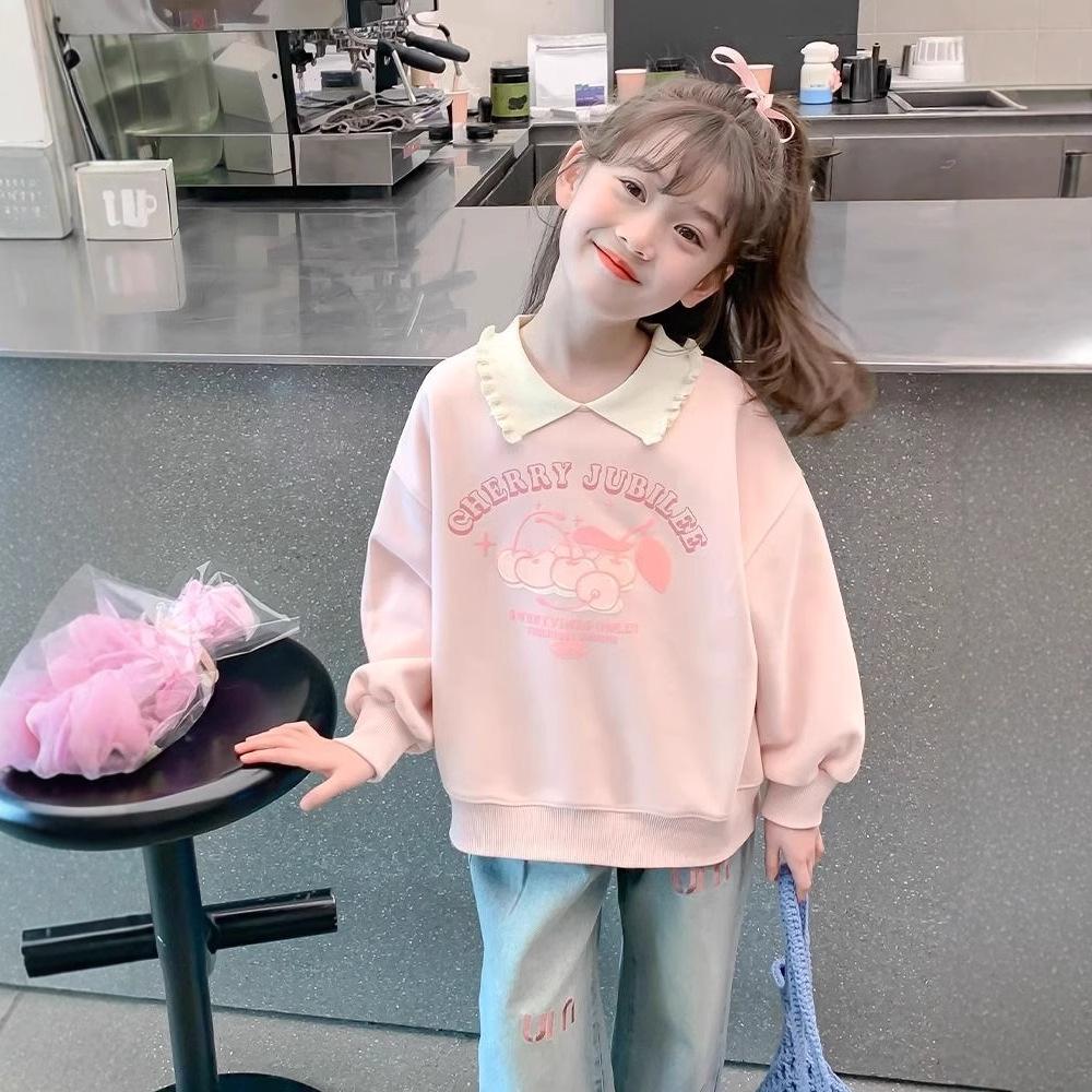 Girls Spring Autumn Long Sleeve Sweatshirt Cute Peter Pan Collar Polo Top Fashionable Kids Casual Shirt