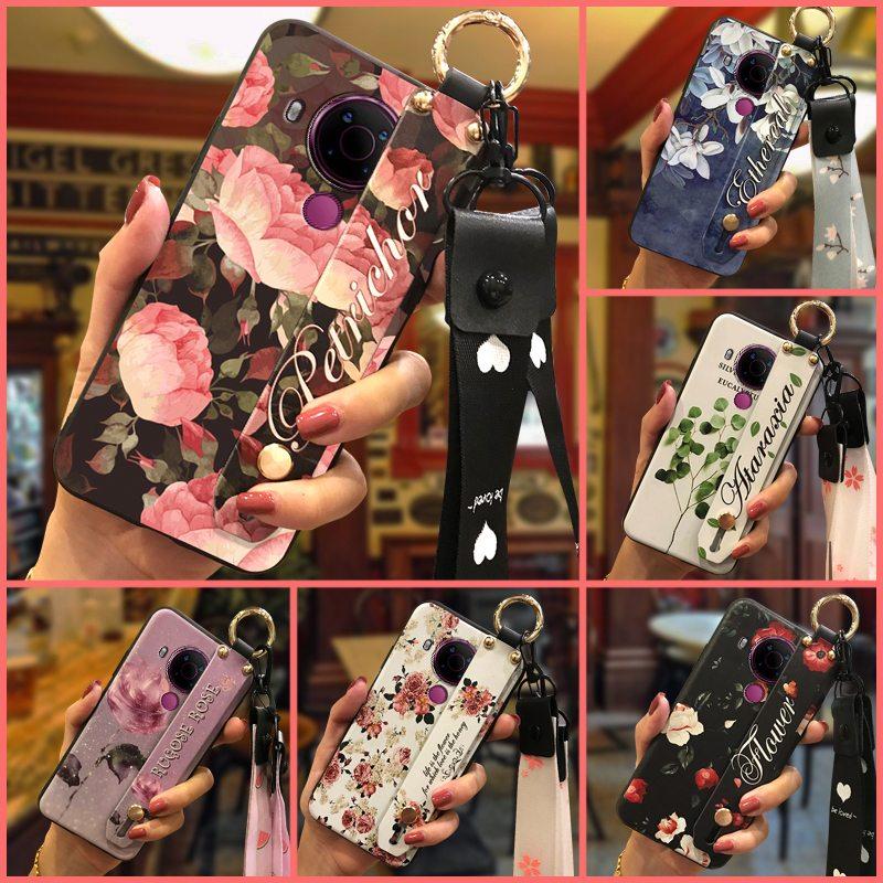 Back Cover Anti-dust Phone Case For Nokia 5.4 Wrist Strap Anti-knock Kickstand Shockproof Wristband Flower Phone Holder