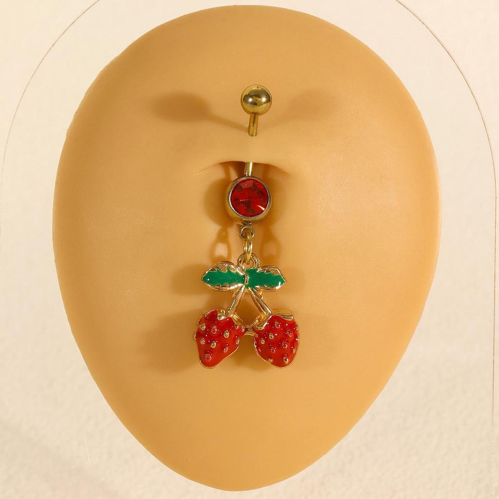 Charming Cherry Strawberry Drip Belly Button Ring: Colorful Red Diamond Fruit Pendant, Stainless Steel Navel Piercing Accessory.