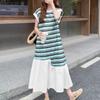ZANZEA Women Casual Round Neck Summer Short Sleeve Stripe Patchwork Long Dress