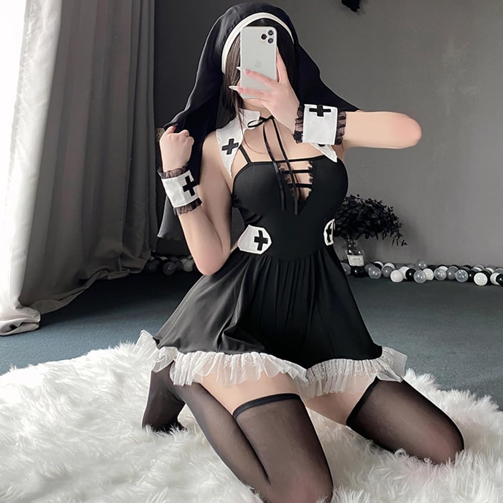 Sister Nun Sexy Open Chest Sleeveless Hooded Cosplay Costume Erotic Lace Extreme Exposure Saint Church Pastor Choir Halloween Costume Stockings