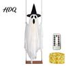 Gruseliger LED-Geist für den Garten Leuchtende Halloween-Hängeschaukel mit Hexenhut, Fernbedienung Einstellbar Langlebige Stoffdekoration Helligkeit, Fliegend