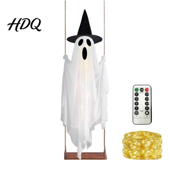 Gruseliger LED-Geist für den Garten Leuchtende Halloween-Hängeschaukel mit Hexenhut, Fernbedienung Einstellbar Langlebige Stoffdekoration Helligkeit, Fliegend