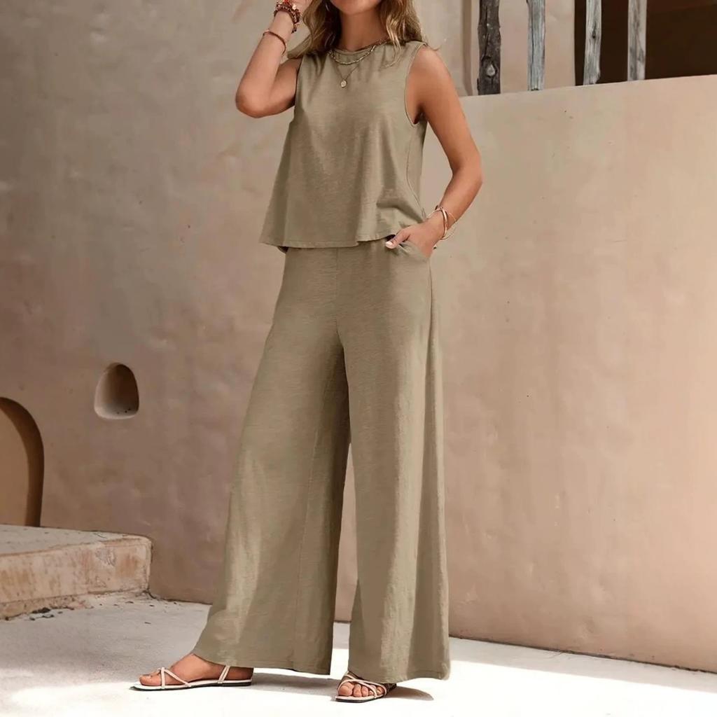Women's Round Neck Sleeveless Tank Top and Wide Leg Pants 2 Piece Casual Set