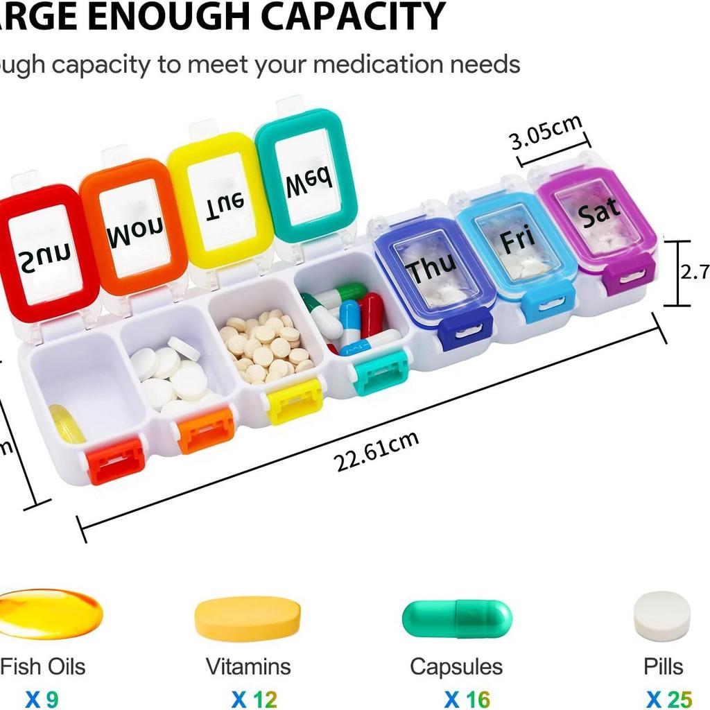 Farbenfroher 7-Tage-Pillenorganizer mit sicherem Verschluss, auslaufsichere, tragbare Medikamentenaufbewahrungsbox, neues Design, Pillenbehälterbox