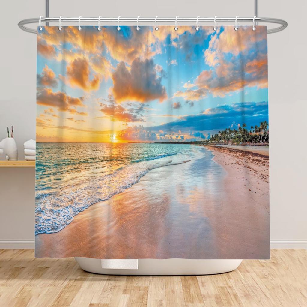 Beach Vacation Shower Curtain Tropical Palm Trees Ocean Waves Starfish Sandy Shore Pattern Waterproof Polyester Bathroom Decor