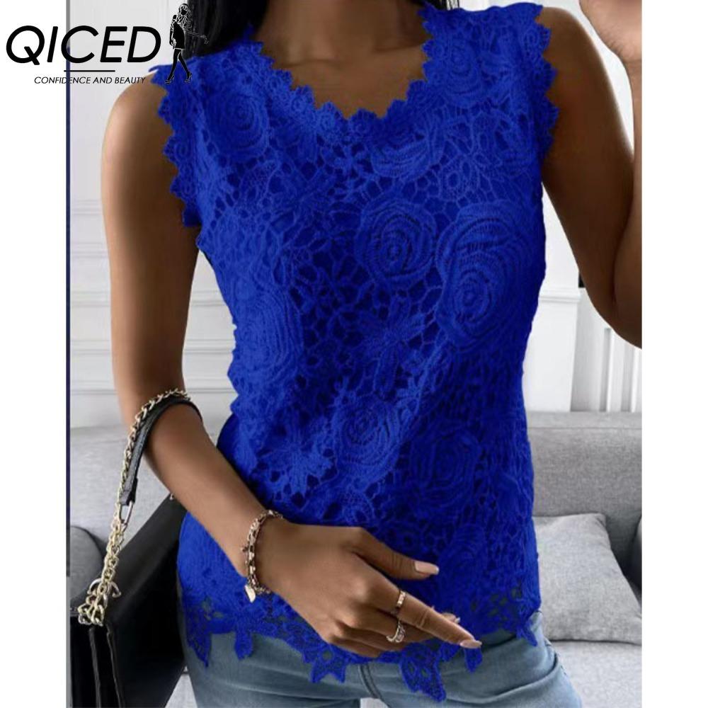 QICED Women's Fashion Casual Solid Color Print Sleeveless O Neck Blouses & Shirts