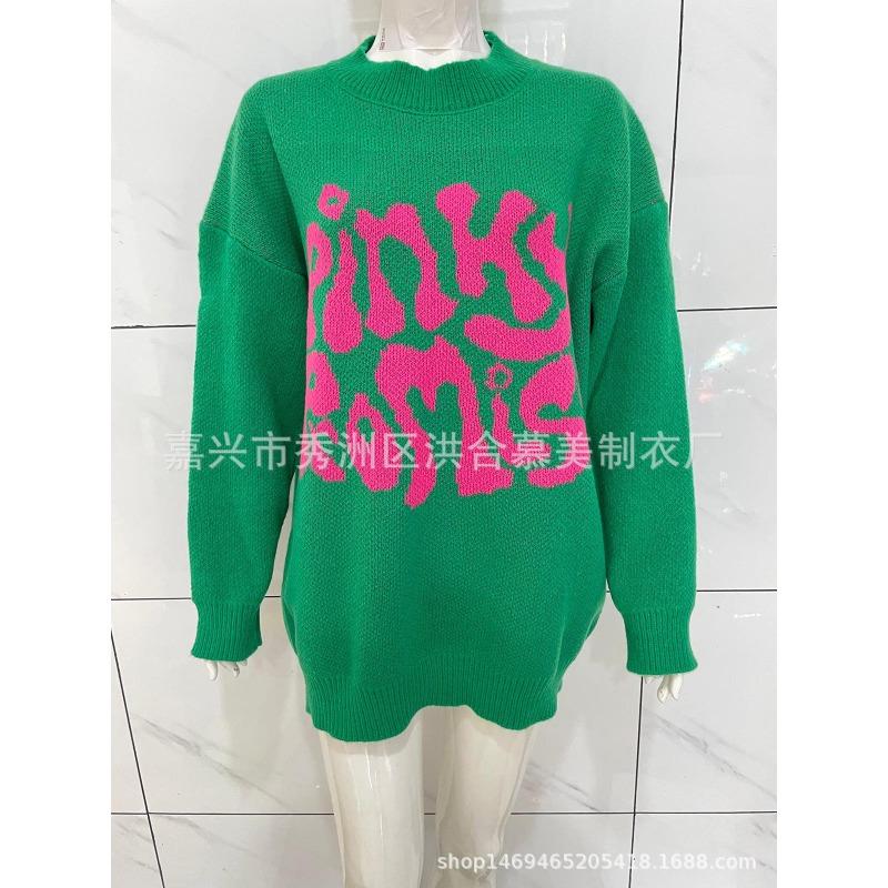 

2025 Winter New Round Neck Long Sleeve Letter Pattern Jacquard Knitted Sweater Hoodie for Women One size зелений