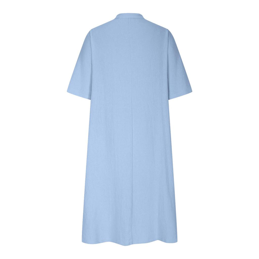 Women's Mid-Length V-Neck Cotton-Linen Dress with Short Sleeves and Three-Button Pockets