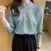 Women's Stand Collar Long Sleeve Loose Fit Blouse Pleated Satin Office Shirt