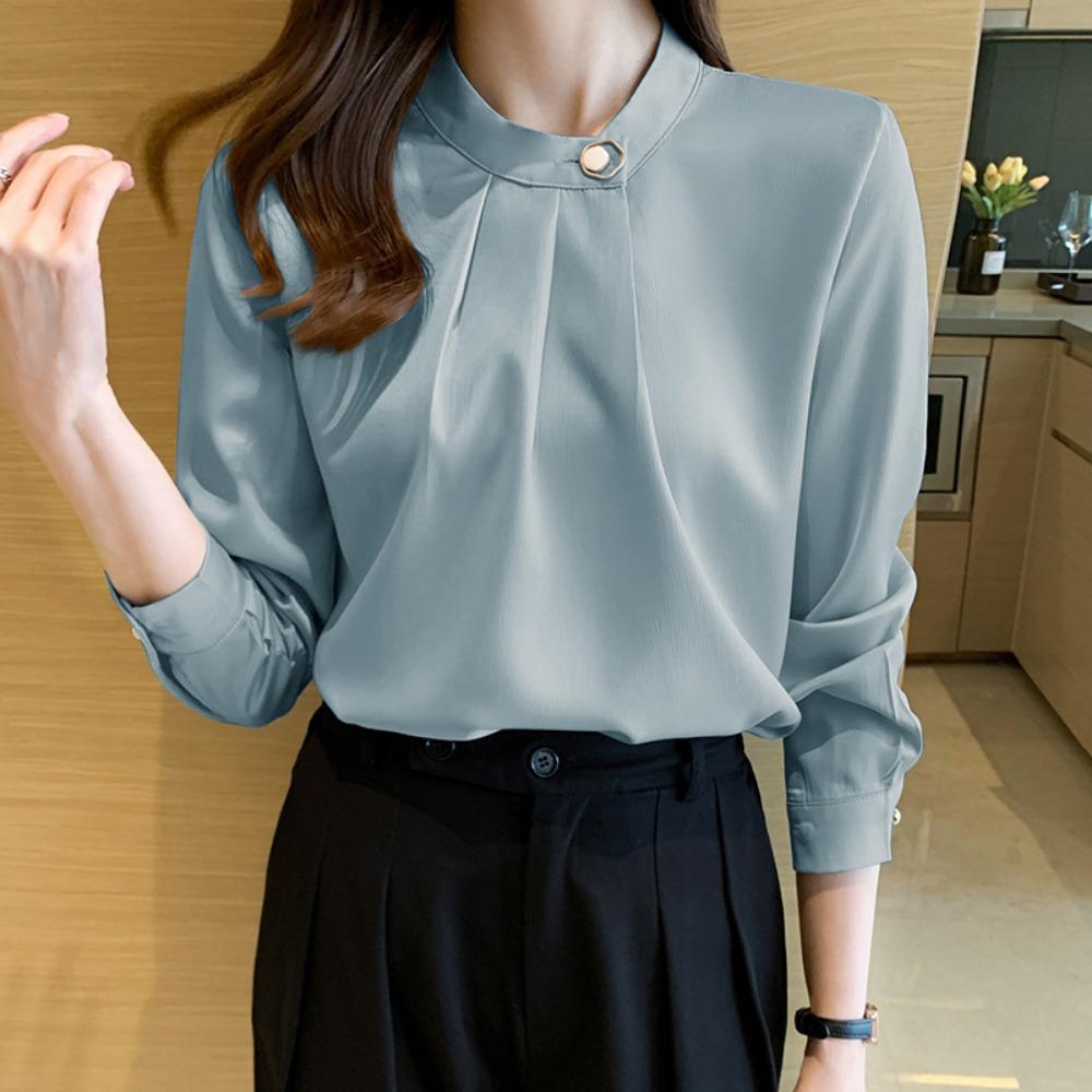 Women's Stand Collar Long Sleeve Loose Fit Blouse Pleated Satin Office Shirt