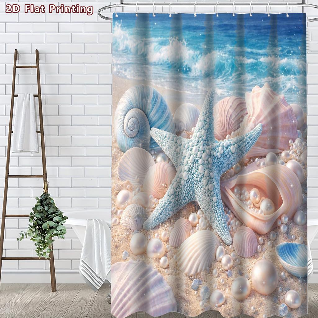 4Pcs 2D Flat Seaside Treasures Shower Curtain Set with Non-Slip Bath Mat, Toilet Lid Cover, Contour Rug & 12 Hooks, Bathroom Decor