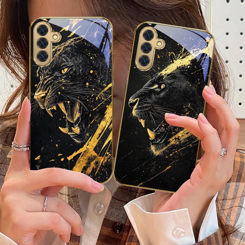 Der ruhige schwarze Panther Für Samsung Galaxy S20 FE S21 S22 S23 Plus S24 Ultra 25Ultra S21+ S9+ S22Plus Goldene Glas-Handyhülle
