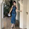 Neue Damenbekleidung Retro-Druck Schlitzgabel verbesserter Cheongsam Slim-Kleid