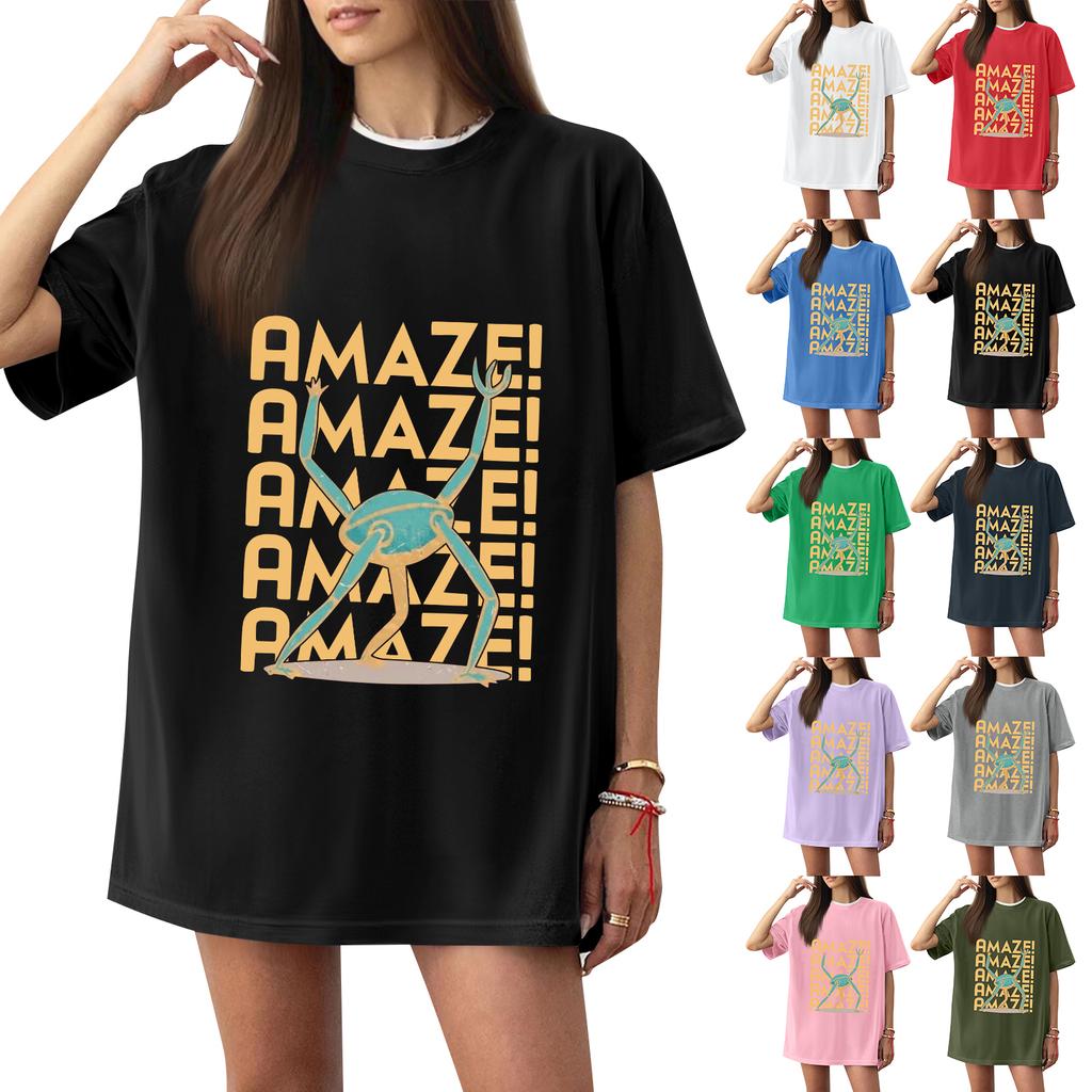 Women's Casual Printed T-Shirt Round Neck Pullover Short Sleeve Top