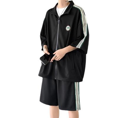 ANGELCITY Summer Short Sleeve Tracksuit Solid Zippered Perfect for Summer and and Elegant Plus Sizes Men's Set, Color, 5/8 Sleeves, Shorts, Front,