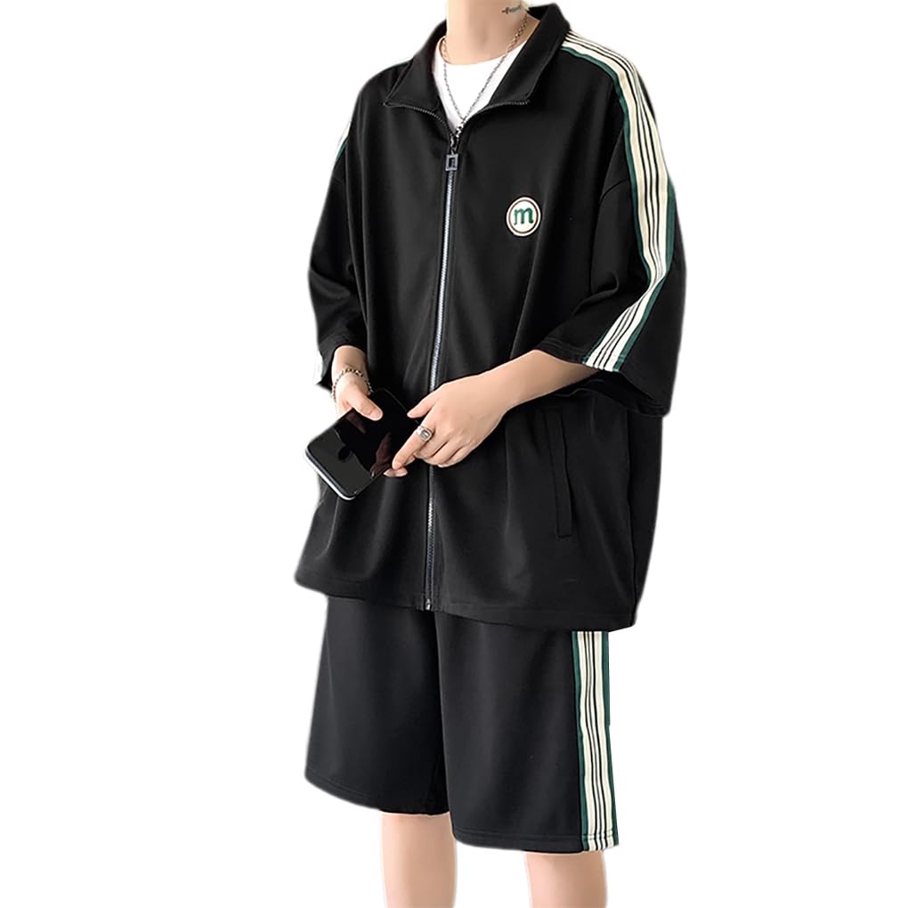 

ANGELCITY Летний спортивный костюм с коротким рукавом Однотонный на молнии Идеально подходит для лета и элегантный больших размеров Мужской комплект, Цвет, Рукава 5/8, Шорты, Перед, чёрный