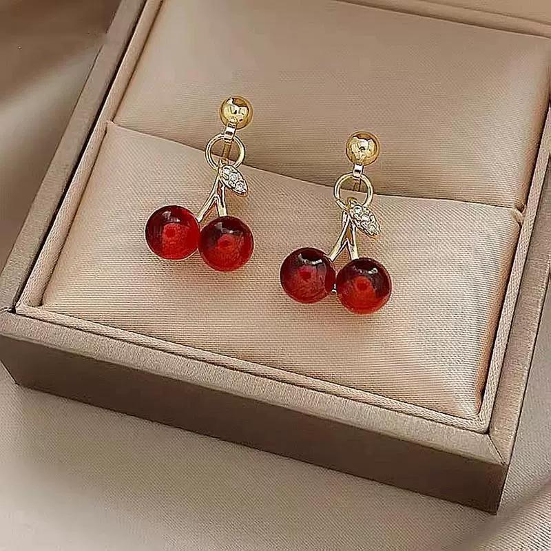 New Red Zircon Cherry Earrings Stud Fresh Trendy Style Women s Shiny Crystal Dangle Earrings Party Exquisite Jewelry Accessories