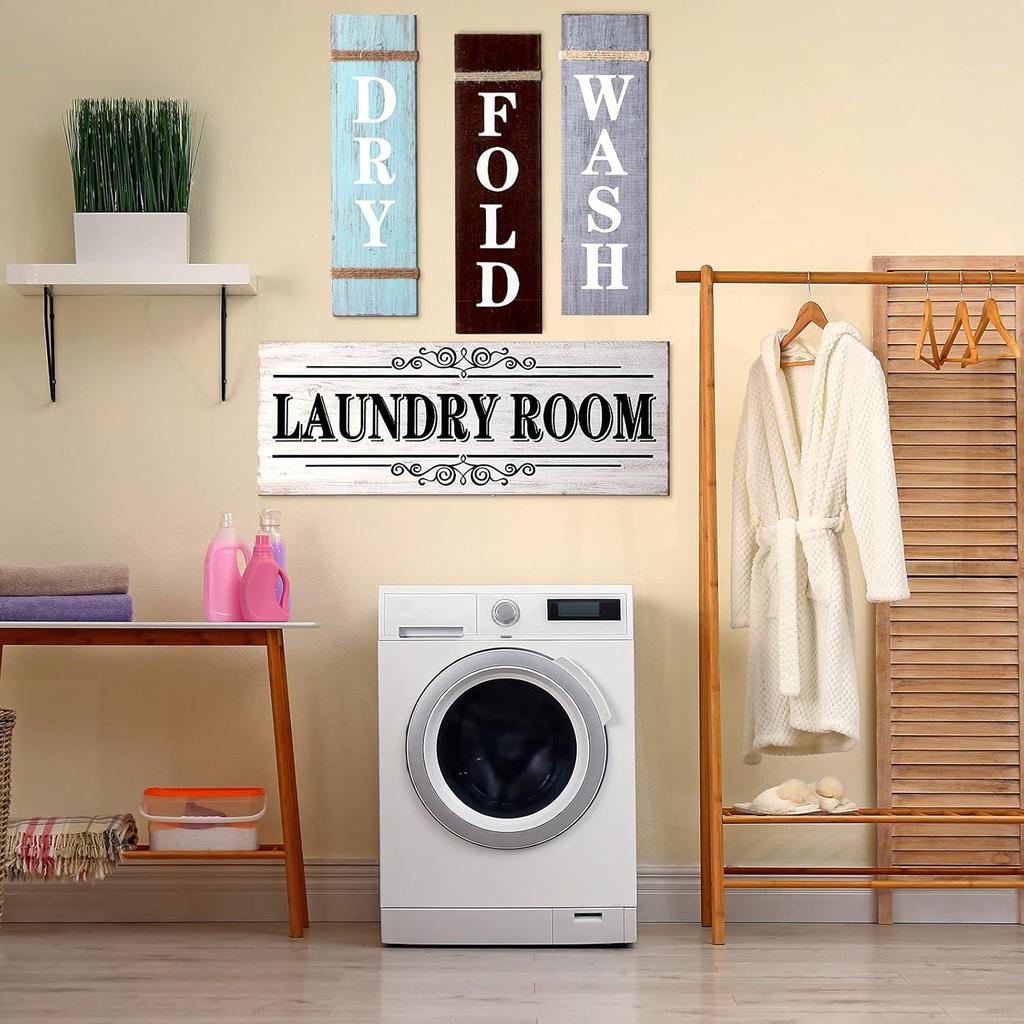 4 Pieces Home Vintage Laundry Room Canvas Wall Art, Laundry Rules Prints Signs Framed, Rustic Bathroom Laundry Room Decor Retro Wash Wall Art for