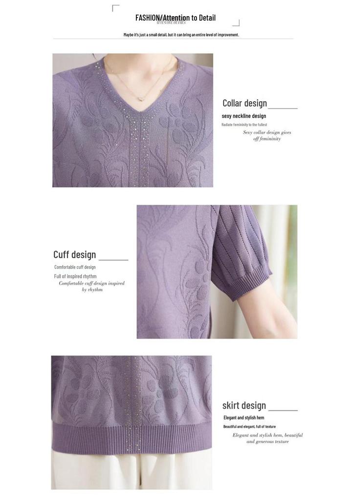 Chic Casual V-neck Short-sleeve T-shirt for Middle-aged & Elderly Women - Spring/Summer Pullover Top