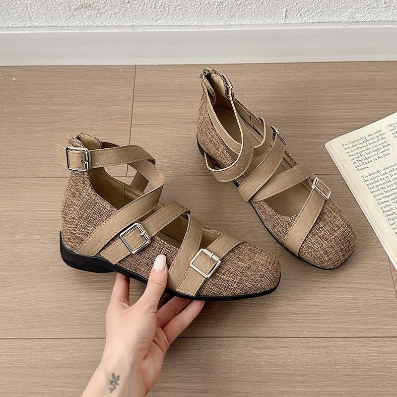

Spring and Autumn New Design Cross Buckle Flat Ballet Shoes Square Versatile Women s Single Shoes 35 хаки