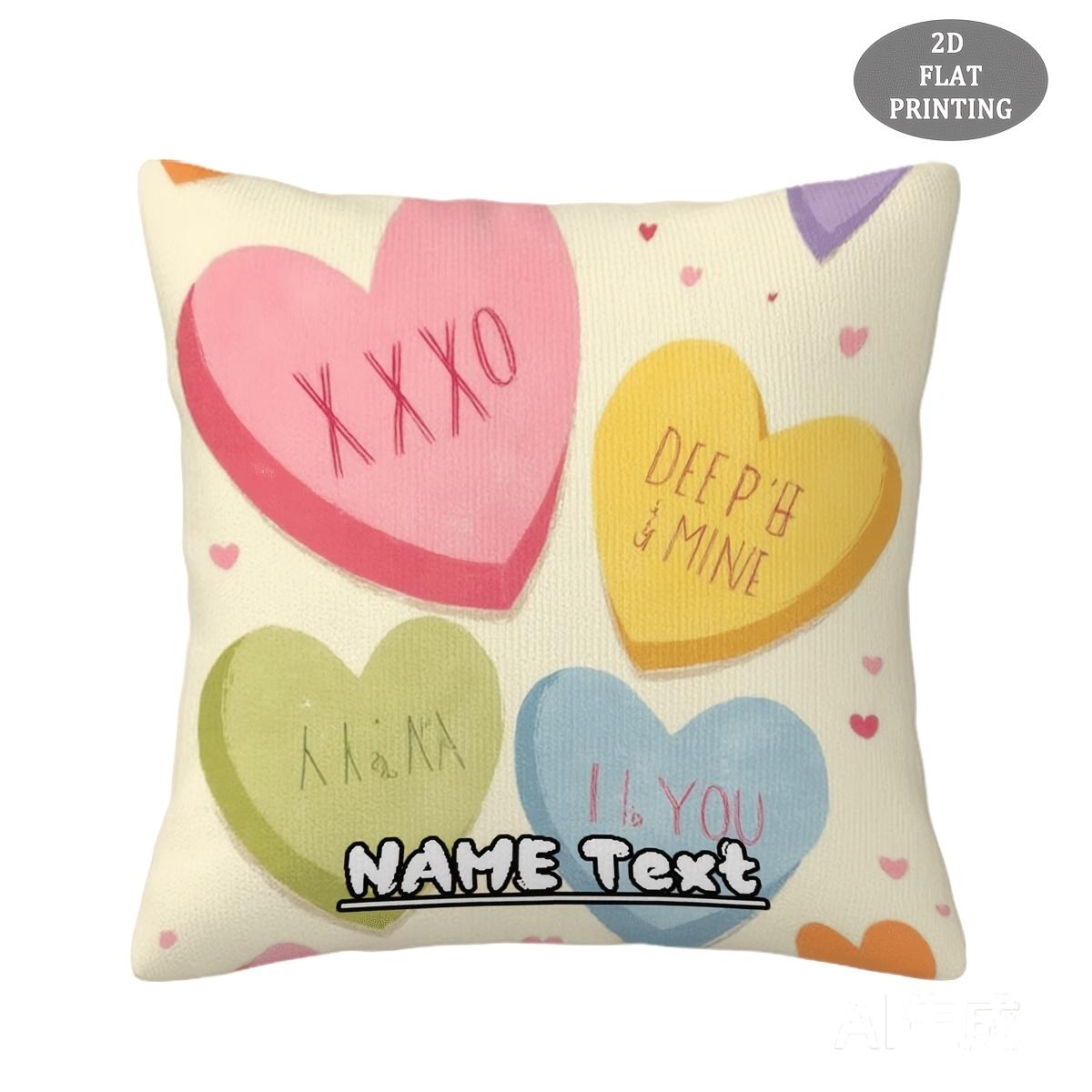 Custom, 1pc, Throw Pillow Covers, Customizable Text, Colorful Candy Heart Pattern Short Plush Pillowcase, Suitable for Patio Furniture Cushions 18x18inch