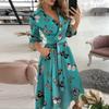 Fashion Women's Casual Lapel Printed Seven-Part Sleeve Dress Long Dress