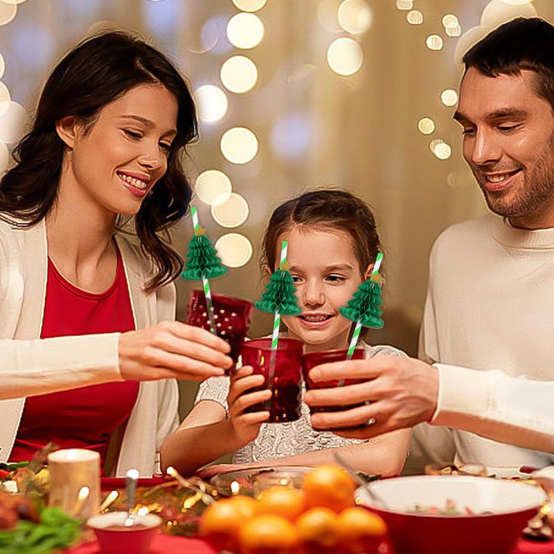 10Pcs 3D Christmas Tree Paper Straws Christmas New Year Holiday Party Decoration Supplies Juice Drinking Straws