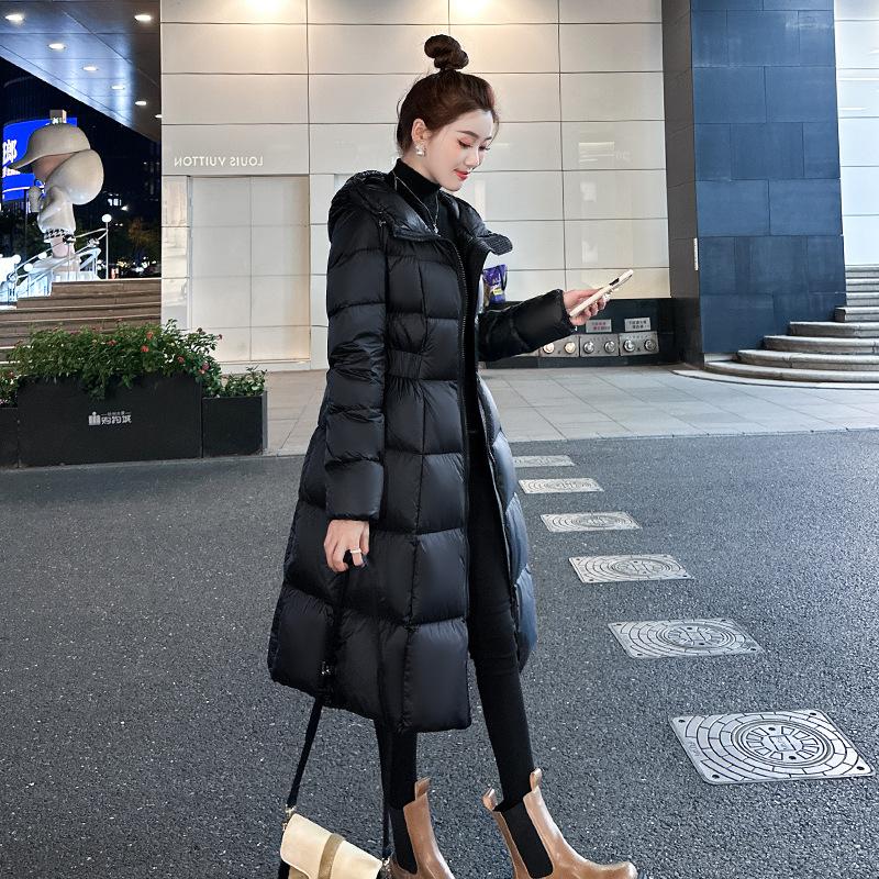 Black new 90 white duck down 2024 winter temperament thin down jacket women's medium and long thickened knee jacket