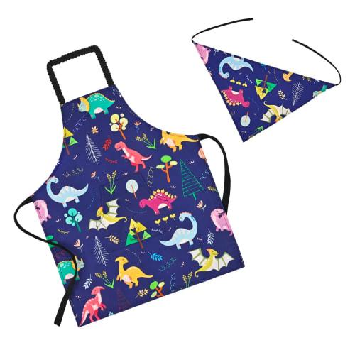 Athbavib Kids' Apron, Cute Dinosaur, Navy, with Triangle Scarf and Pockets, Adjustable, 50*60cm, Waterproof Cotton, Easy Care, for Boys and Girls, Kin