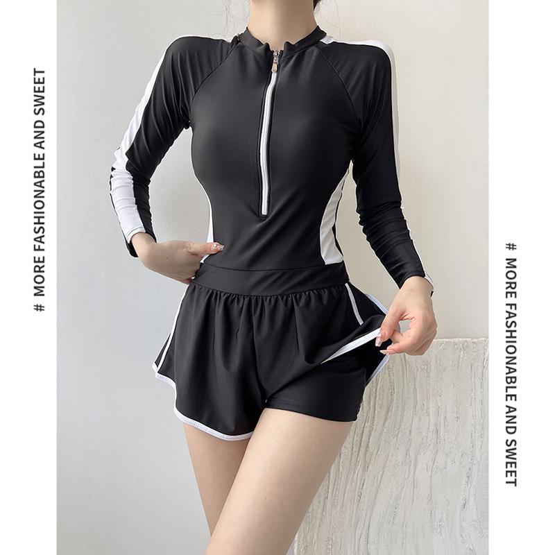 Conservative Long Sleeve Swimwear: Slimming Tummy Control Boyleg One-Piece for Female Students