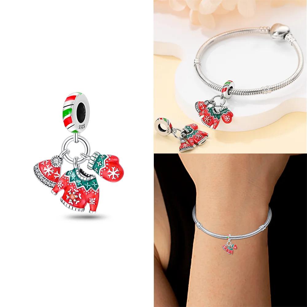 Charms Original Christmas Tree Snowman Red Gift Snowflake Beads Fit Bracelet Copper Jewelry Women Diy Necklace