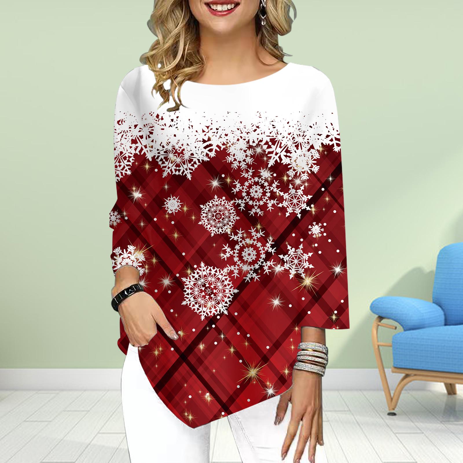 

Футболки с принтом рождественского оленя, женские футболки с рукавом три четверти и круглым вырезом, свободные рубашки, повседневные футболки с принтом XS белый