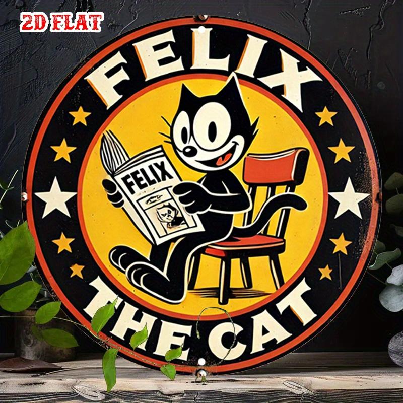 pc retro cartoon cat reading newspaper red chair round aluminum sign suitable for home garage restaurantframeless D flat