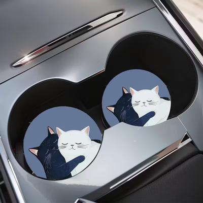 2PCS Blue Hug Cat Car Cup Mat Stand Anti Slip Mat Bottle Stand Cup Stand Car Interior Anti Slip Cup Stand