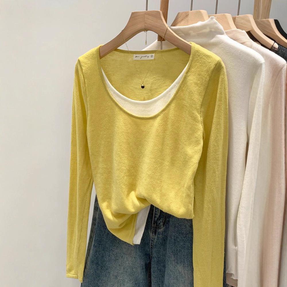 Plus Size Women's Contrast Knit Base Layer Top, Spring & Autumn, Loose Fit, Fake Two-Piece, Relaxed Feel.