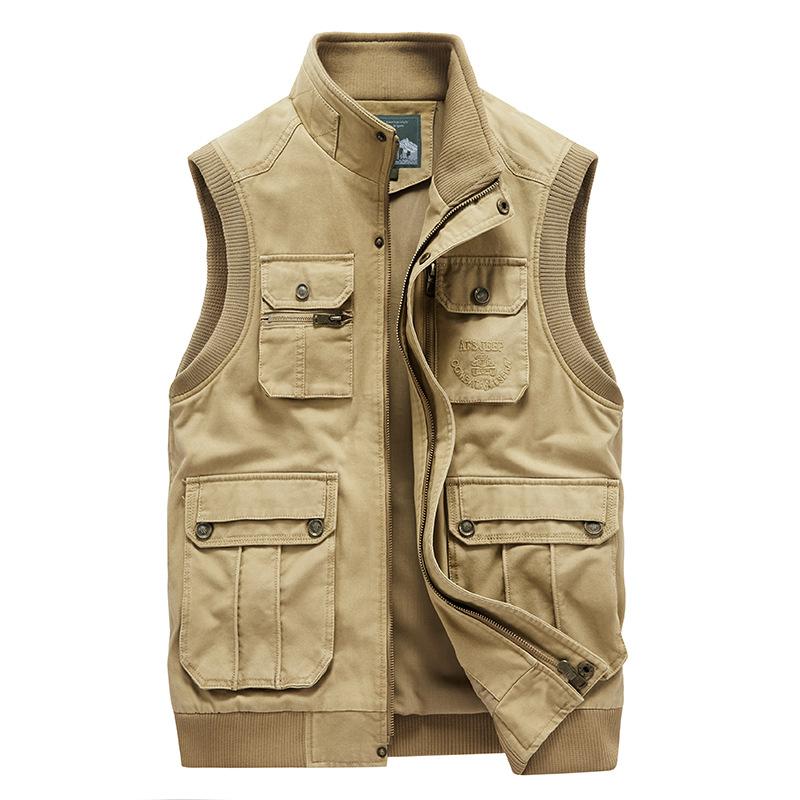 

Мужской весенне-осенний однотонный повседневный жилет с несколькими карманами, воротником-стойкой, прямым низом, куртка большого размера XS хаки