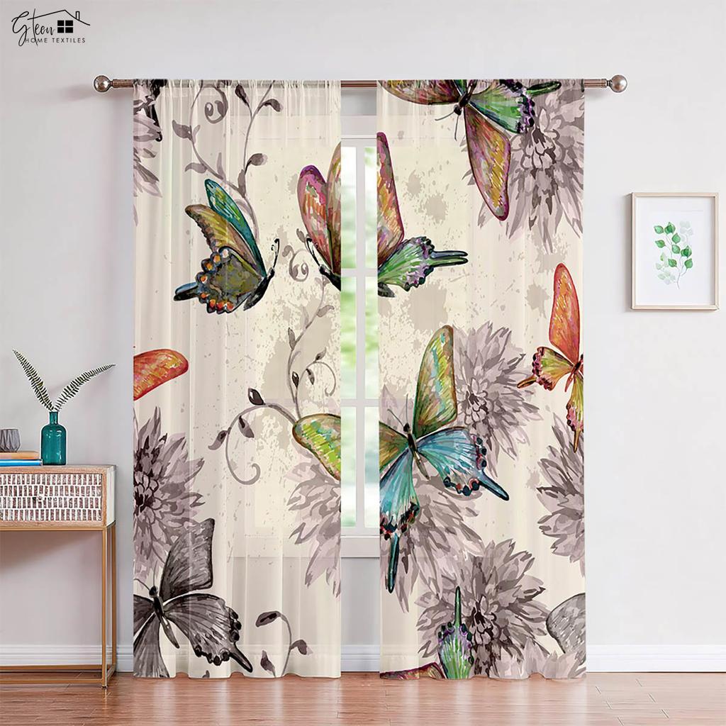 2-Piece Wooden Wisteria Flower Butterfly Printed Window Curtains Pastoral Style Bed Room Living Area Study Kitchen Curtains