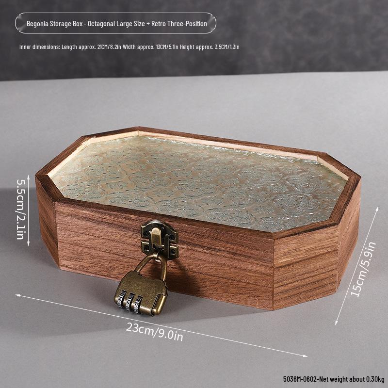 Retro Begonia Glass Lid Wooden Storage Box for Cosmetics, Snacks, Candy, and Documents - Dustproof and Multifunctional