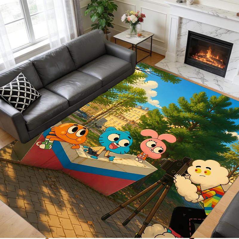 Anti‑Slip Crystal Velvet Floor Rug, Amazing World of Gumball Design Carpet for Indoor Living Bedroom Home Decoration