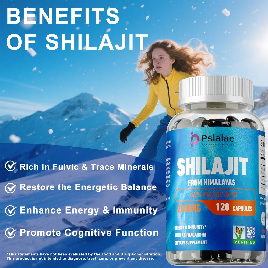 Pslalae Pure Shilajit Resin Capsules 2000mg Enhance Liver Metabolism Lowering Blood Sugar & Anti-Fatigue Energy Support for Men & Women