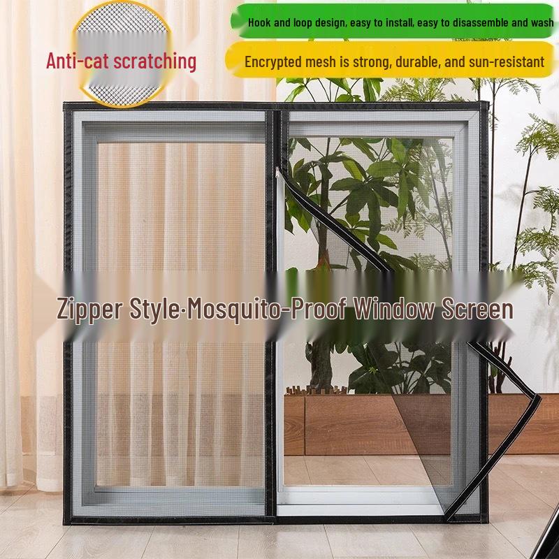 Self-Adhesive Zippered Mosquito-Proof Window Screen with No-Drill Installation