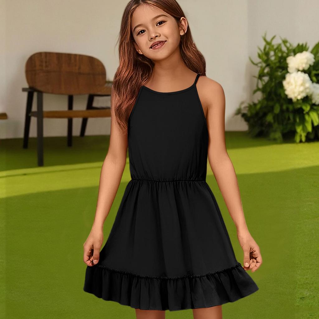Children's Summer Casual Fashion Round Neck Solid Color Sleeveless Dress
