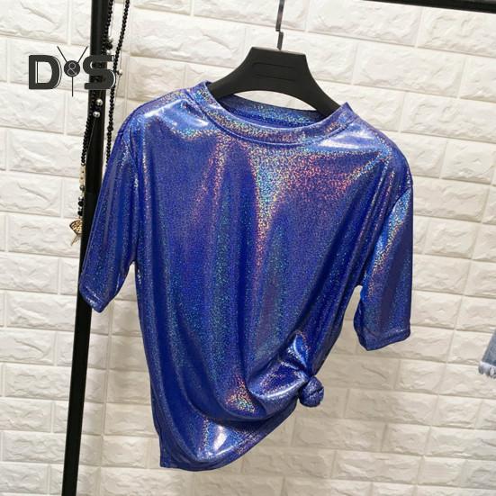 Dámské funkční triko s kulatým výstřihem, krátký rukáv, volný střih, třpytivé reflexní triko Tričko Party Dance Pullover Top