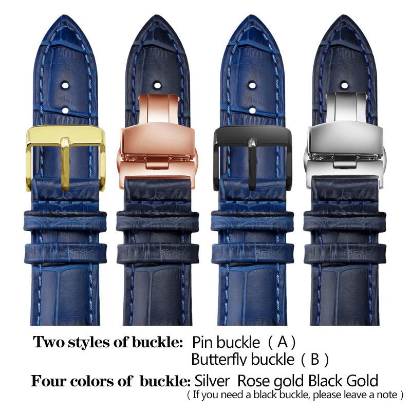 Leather Watchband Black Blue Cowhide Strap Butterfly Buckle Fits All Brands of Watches Men Women 12/14/15/16/18/19/20/22/23mm
